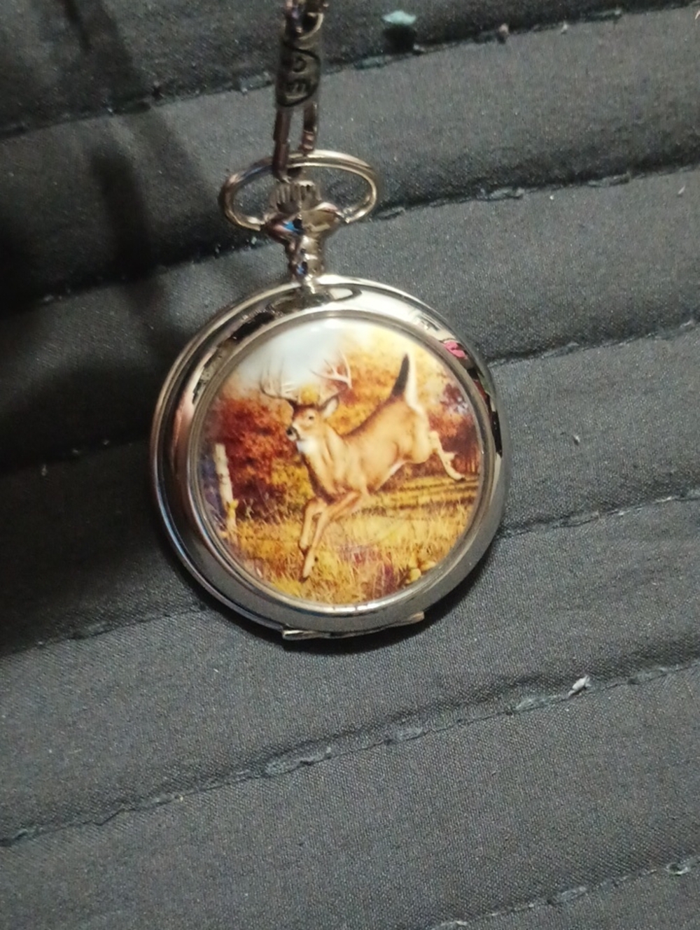 Silver Pocket Watch with Running Deer Illustration - Brown Accent